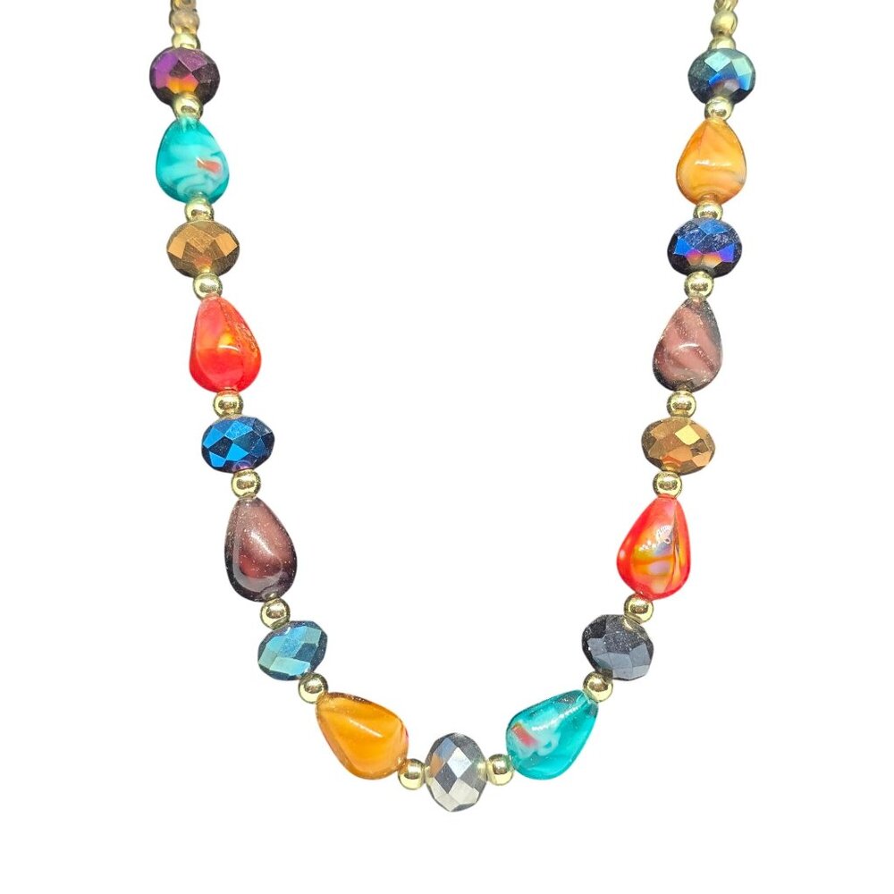 Multicolor Beaded Necklace 18” Gold Tone Chain Glass Acrylic Teardrop Boho State - Picture 2 of 9